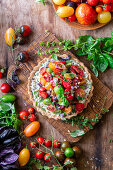 Tomato ricotta pie with herby ricotta filling (no bake) and marinated tomatoes