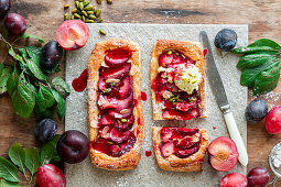 Plum puff pastry with pistachio ice cream