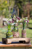 Sträußchen aus Schachbrettblumen, Traubenhyazinthen, Kegelblumen und Schneeglöckchen