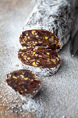 Chocolate salami with nuts and dried fruit