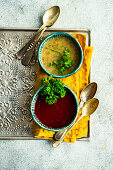 Vegetarische Pilzsuppe und Rote-Bete-Suppe