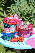 Colourful basket with pompom trim