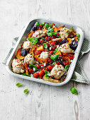 Chicken, pumpkin and tomato tray bake