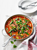 Summer vegetable stew with Borlotti beans and orzo