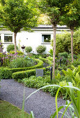 Farn am Gartenweg entlang, im Hintergrund niedrige Buchsbaumhecken in Kreisform