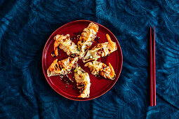 Pork and prawn dumplings with Gochujang, sesame and soy dipping Sauce