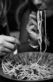 Linguine with black pepper, pecorino, parsley and pancetta (b-w photo)