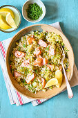 Citrus and salmon pilau with courgettes and herbs