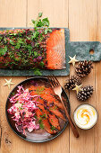 Graved salmon with herbs and a fruity red cabbage salad for Christmas