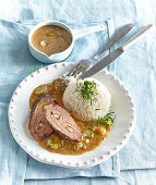 Roastbeef with cucumber sauce and rice (Moravian style)