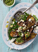 Seared aubergine steaks with feta and coriander pesto