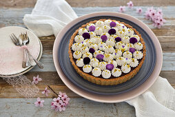 Vegan blueberry coconut tart with shortcrust base, fruit layer and coconut whipped cream