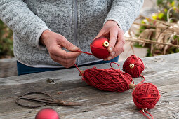 Christmas tree balls wrapped with jute twine