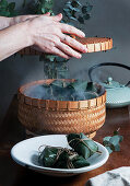 Zongzi Rice dumpling in a steamer for Chinese traditional Dragon Boat Festival (Duanwu Festival)