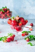 Strawberry sorbet garnished with fresh strawberries
