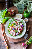 Salat mit geröstetem Rhabarber, Radieschen, Mozzarella und essbaren Blüten