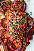 Asian salmon from the oven with sweet and spicy marinade and sesame seeds