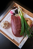Raw duck breast with garlic, ginger, spring onions, and mushrooms