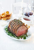 Rib of beef with red wine gravy and horseradish sauce