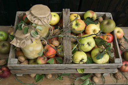 Wooden box with quinces, apples, walnuts and quince puree