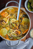 Sweet poatatoes, veggies and mushroom curry soup