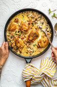 Chicken casserole with mushrooms in a cream sauce