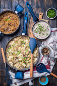 Winter dishes - mushroom sauce, sauerkraut with dried mushrooms, square pasta with sauerkraut and mushrooms