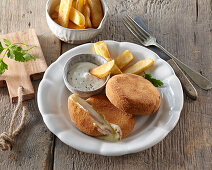 Baked camembert with potato wedges and a dip