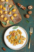 Pumpkin gnocchi with gorgonzola and red onions