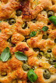Focaccia with olives and basil (full picture)