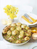 Pesto chicken stew with cheesy dumplings