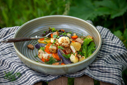 Colourful roast vegetables with fried tofu and garden herbs (vegan)