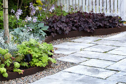 Balkan cranesbill, blue fescue, funkia and purple bellflower 'Obsidian' bordering the walkway