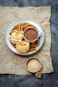 High carbohydrate foods - pasta, wholewheat pasta, buckwheat, and rice