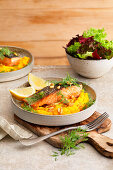 Salmon with pumpkin puree and pine nuts