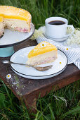 Veganer 'Quarkkuchen' mit Rhabarber und Mango-Gelee