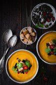 Pumpkin soup with croutons, coriander and chilli from above
