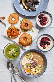 Healthy brunch recipes - bagels, porridge, smoothie bowl, and smoothie