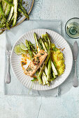 Green asparagus, saffron rice, and grilled salmon