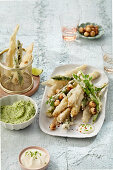 Asparagus tempura with pea-mint hummus and caramel macadamias