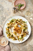 Chicken Suprême with asparagus and oyster mushrooms in tarragon butter