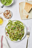 Pasta with kale pesto and almonds