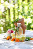 Natural remedies made from marigolds: face lotion, ointment and lip balm