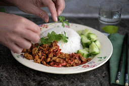 Asiatisches Hähnchenhackfleisch mit Reis und Gurken