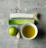Ingredients for vegan leek in olive oil and lime