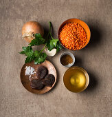 Ingredients for lentil soup with dried apricots