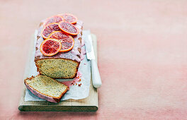 Blood orange, poppy seed and marzipan loaf cake
