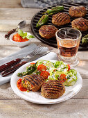 Grilled pepper and onion hamburger patties