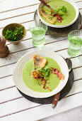Chervil soup with perch and crispy bacon