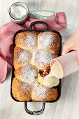 Filled rhubarb cakes with tonka-lime sauce
